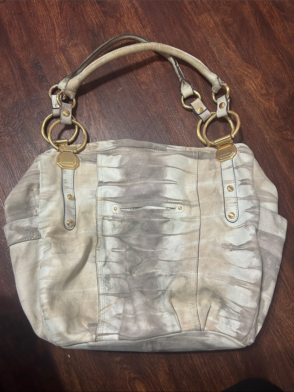 b. makowsky Beige and Light Gray Tie-Dye Leather Shoulder Bag with Gold Hardware - Picture 9 of 14